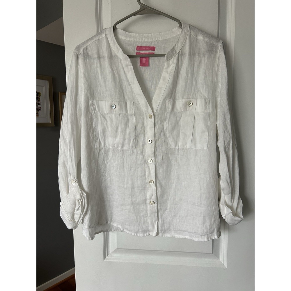 ISAAC MIZRAHI 100% Linen White Button Up Blouse Size Medium Boxy Boho